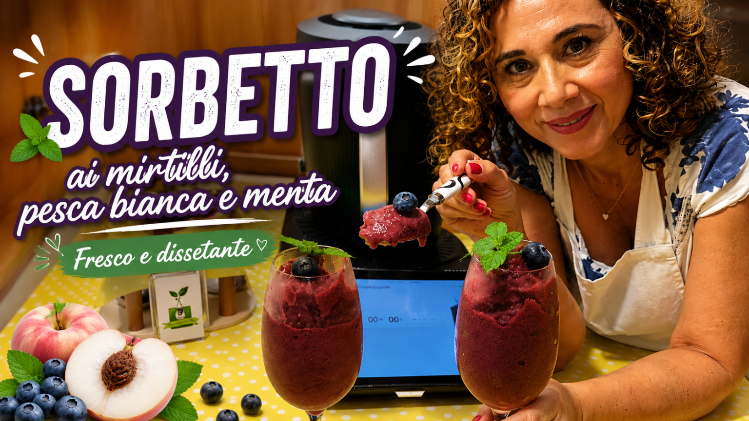 Sorbetto ai mirtilli pesca bianca e menta