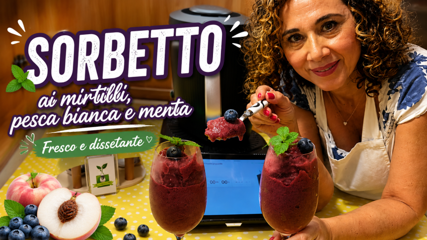 Sorbetto ai mirtilli pesca bianca e menta